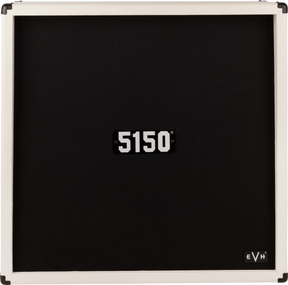 The image shows a rectangular guitar speaker cabinet with a white/cream frame and black grille cloth. It features metal corner protectors, the "5150" model label centered, and the "EVH" logo in the bottom right, indicating it’s an Eddie Van Halen brand. The 5150 series is known for rock and metal guitar amplification, designed for durability during transport and live use.