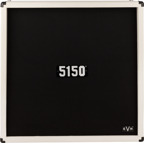The image shows a rectangular guitar speaker cabinet with a white/cream frame and black grille cloth. It features metal corner protectors, the "5150" model label centered, and the "EVH" logo in the bottom right, indicating it’s an Eddie Van Halen brand. The 5150 series is known for rock and metal guitar amplification, designed for durability during transport and live use.