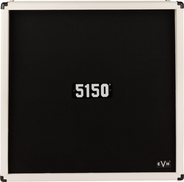 The image shows a rectangular guitar speaker cabinet with a white/cream frame and black grille cloth. It features metal corner protectors, the "5150" model label centered, and the "EVH" logo in the bottom right, indicating it’s an Eddie Van Halen brand. The 5150 series is known for rock and metal guitar amplification, designed for durability during transport and live use.