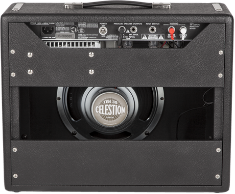 The image shows the back panel of a guitar combo amplifier featuring a Celestion "TEN 30" speaker, a control panel with knobs and input/output jacks, black tolex covering with metal corners, a top handle, and ventilation grilles. The design highlights its portability and all-in-one functionality, combining amplifier and speaker in a single unit, ideal for practice, recording, or small performances.