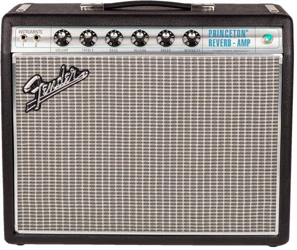 The image shows a Fender Princeton Reverb amplifier, a classic tube guitar amp known for warm, clean tones and lush spring reverb. It features a black tolex cover, silver control panel with seven knobs (volume, treble, bass, reverb, speed, intensity, and dual instrument inputs), a silver Fender logo, checkered speaker cloth, and a top handle. Compact and versatile, it’s ideal for recording, practice, and small venues.