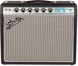 The image shows a Fender Princeton Reverb amplifier, a classic tube guitar amp known for warm, clean tones and lush spring reverb. It features a black tolex cover, silver control panel with seven knobs (volume, treble, bass, reverb, speed, intensity, and dual instrument inputs), a silver Fender logo, checkered speaker cloth, and a top handle. Compact and versatile, it’s ideal for recording, practice, and small venues.