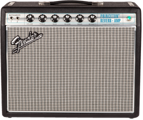 The image shows a Fender Princeton Reverb amplifier, a classic tube guitar amp known for warm, clean tones and lush spring reverb. It features a black tolex cover, silver control panel with seven knobs (volume, treble, bass, reverb, speed, intensity, and dual instrument inputs), a silver Fender logo, checkered speaker cloth, and a top handle. Compact and versatile, it’s ideal for recording, practice, and small venues.