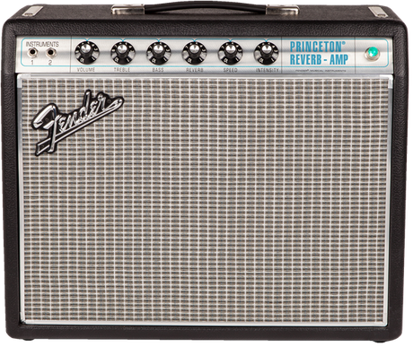 The image shows a Fender Princeton Reverb amplifier, a classic tube guitar amp known for warm, clean tones and lush spring reverb. It features a black tolex cover, silver control panel with seven knobs (volume, treble, bass, reverb, speed, intensity, and dual instrument inputs), a silver Fender logo, checkered speaker cloth, and a top handle. Compact and versatile, it’s ideal for recording, practice, and small venues.