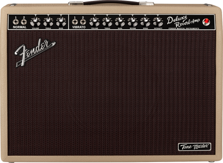 The image shows a Fender Deluxe Reverb guitar amplifier with a blonde tolex finish and dark brown grille. It features two channels—Normal and Vibrato—with Volume, Treble, and Bass controls. The Vibrato channel also has Reverb, Speed, and Intensity knobs. The black control panel includes input jacks, a red power light, a Fender logo, and a "Tone Master" badge. The amp is known for its warm tube tone, spring reverb, and classic Fender clean sound.