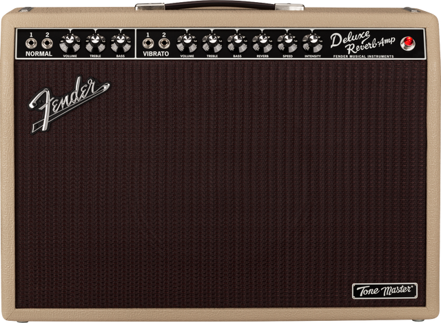 The image shows a Fender Deluxe Reverb guitar amplifier with a blonde tolex finish and dark brown grille. It features two channels—Normal and Vibrato—with Volume, Treble, and Bass controls. The Vibrato channel also has Reverb, Speed, and Intensity knobs. The black control panel includes input jacks, a red power light, a Fender logo, and a "Tone Master" badge. The amp is known for its warm tube tone, spring reverb, and classic Fender clean sound.