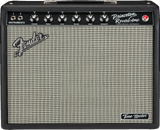 The image shows a Fender Princeton Reverb Tone Master guitar amplifier with a black tolex exterior and silver grille cloth. The control panel features two instrument inputs, six knobs (Volume, Treble, Bass, Reverb, Speed, Intensity), a red indicator light, and Fender branding. The grille displays the Fender logo and a "Tone Master" badge. This digital amp emulates the classic tube sound with modern reliability.