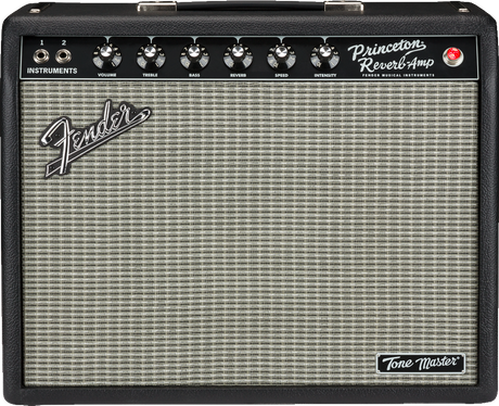 The image shows a Fender Princeton Reverb Tone Master guitar amplifier with a black tolex exterior and silver grille cloth. The control panel features two instrument inputs, six knobs (Volume, Treble, Bass, Reverb, Speed, Intensity), a red indicator light, and Fender branding. The grille displays the Fender logo and a "Tone Master" badge. This digital amp emulates the classic tube sound with modern reliability.