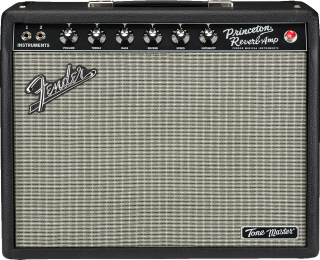 The image shows a Fender Princeton Reverb Tone Master guitar amplifier with a black tolex exterior and silver grille cloth. The control panel features two instrument inputs, six knobs (Volume, Treble, Bass, Reverb, Speed, Intensity), a red indicator light, and Fender branding. The grille displays the Fender logo and a "Tone Master" badge. This digital amp emulates the classic tube sound with modern reliability.
