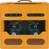 The image shows a vintage-style guitar combo amplifier with an orange/amber tweed-like cabinet and open-back design revealing two Jensen speakers. The front panel features around 10 control knobs, switches, and modern connections including USB, footswitch, send, and return. It has a leather handle and classic tube amp styling, blending vintage aesthetics with contemporary functionality for warm, classic tones.