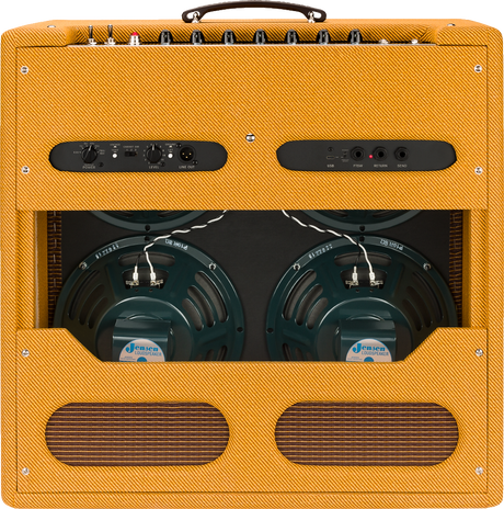 The image shows a vintage-style guitar combo amplifier with an orange/amber tweed-like cabinet and open-back design revealing two Jensen speakers. The front panel features around 10 control knobs, switches, and modern connections including USB, footswitch, send, and return. It has a leather handle and classic tube amp styling, blending vintage aesthetics with contemporary functionality for warm, classic tones.