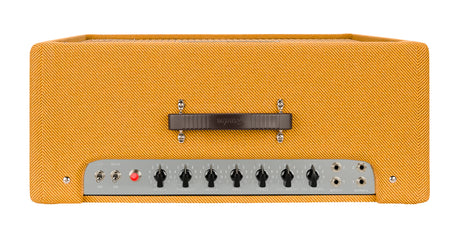 The image shows a vintage-style guitar amplifier head with orange/amber textured tolex and a tweed-like pattern. It has a metal control panel featuring about seven black knobs, input jacks on the left, output jacks on the right, and a red indicator light. A leather or vinyl handle with a brand plate is on top. This classic tube amp head is designed to pair with a speaker cabinet and is typical of 1950s-60s American amps favored by blues, rock, and country guitarists.