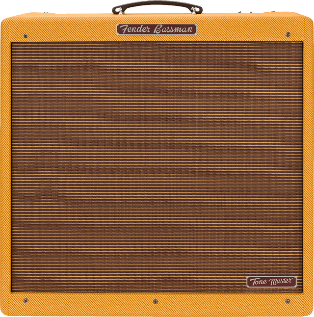 The image shows a Fender Bassman Tone Master guitar amplifier with a lacquered tweed finish, brown/bronze ribbed grill cloth, and a dark brown leather handle. The rectangular combo amp features the Fender logo on the front panel and a "Tone Master" badge on the lower right. This modern digital amp recreates the classic late 1950s Bassman sound, known for its iconic vintage tone popular in blues and rock music.