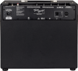 The image shows the back panel of a Fender Tone Master FR-110 digital modeling guitar amplifier. Visible features include the "Tone Master FR-110" branding, black textured vinyl covering, control knobs along the top edge, XLR input/output jacks on the right, an IEC power inlet on the left, warning labels, and safety certifications. The FR indicates a full-range flat response design for accurate sound with digital effects.