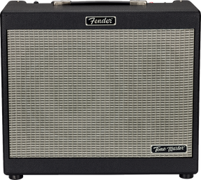 The image shows a Fender "Tone Master" combo guitar amplifier with a classic black tolex exterior and silver/cream grille cloth. It features the Fender logo at the top center, a carrying handle, and control knobs along the top edge. This modern amp blends traditional Fender design with digital modeling technology, making it a popular choice for electric guitarists.