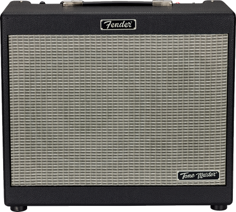 The image shows a Fender "Tone Master" combo guitar amplifier with a classic black tolex exterior and silver/cream grille cloth. It features the Fender logo at the top center, a carrying handle, and control knobs along the top edge. This modern amp blends traditional Fender design with digital modeling technology, making it a popular choice for electric guitarists.