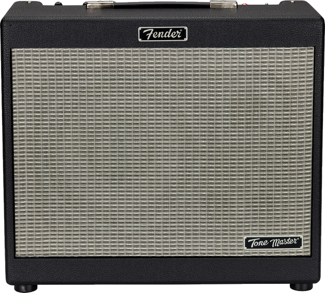 The image shows a Fender "Tone Master" combo guitar amplifier with a classic black tolex exterior and silver/cream grille cloth. It features the Fender logo at the top center, a carrying handle, and control knobs along the top edge. This modern amp blends traditional Fender design with digital modeling technology, making it a popular choice for electric guitarists.