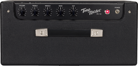 The image shows a Fender Tone Master FR-10 guitar amplifier with black tolex covering. The front panel has five control knobs for Volume, Treble, Middle, Bass, and Output, plus a red power LED and a power switch. It features a sturdy carrying handle for portability. This digital modeling amp replicates classic tube tones with modern lightweight design, ideal for practice, small gigs, or studio use.