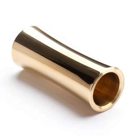 A concave brass slide for guitar on a white background