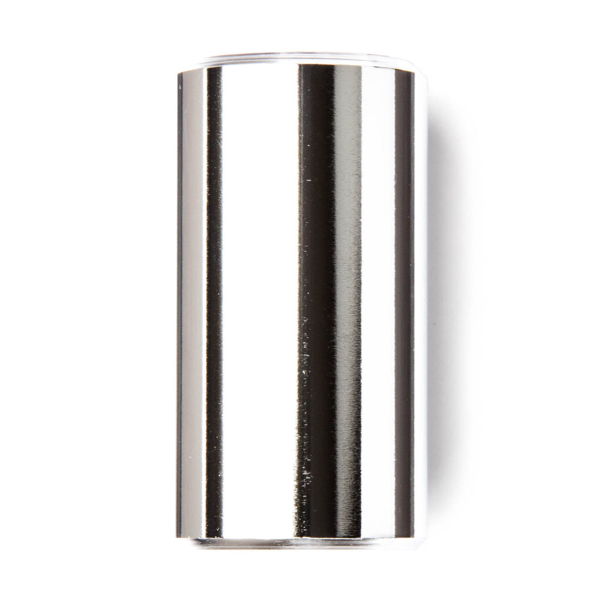 A chromed brass short slide for guitar on a white background