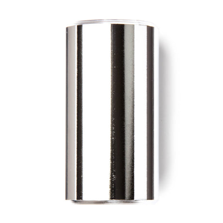 A chromed brass short slide for guitar on a white background