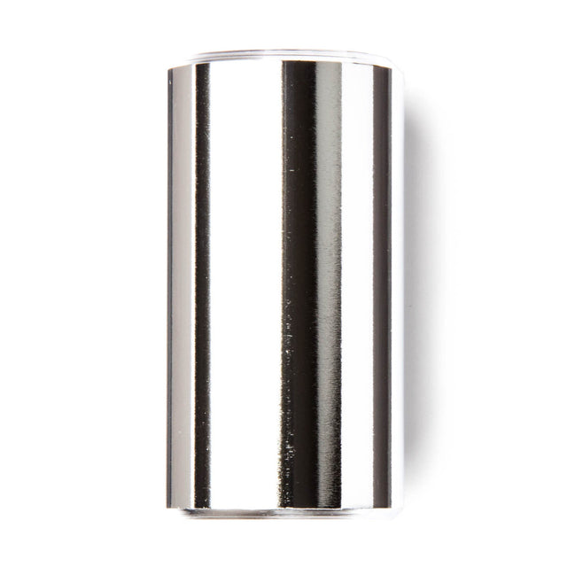 A chromed brass short slide for guitar on a white background