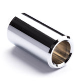 A chromed brass short slide for guitar on a white background