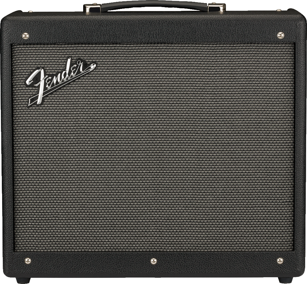 The image shows a classic Fender combo guitar amplifier with a black textured vinyl exterior, silver corner protectors, and a sturdy handle. The front features the distinctive Fender logo on the gray/silver speaker grille cloth. This portable amp combines the amplifier and speaker in one unit, known for its clean tones and iconic sound favored by musicians across genres.