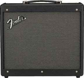 The image shows a classic Fender combo guitar amplifier with a black textured vinyl exterior, silver corner protectors, and a sturdy handle. The front features the distinctive Fender logo on the gray/silver speaker grille cloth. This portable amp combines the amplifier and speaker in one unit, known for its clean tones and iconic sound favored by musicians across genres.