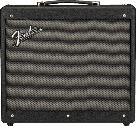 The image shows a classic Fender combo guitar amplifier with a black textured vinyl exterior, silver corner protectors, and a sturdy handle. The front features the distinctive Fender logo on the gray/silver speaker grille cloth. This portable amp combines the amplifier and speaker in one unit, known for its clean tones and iconic sound favored by musicians across genres.