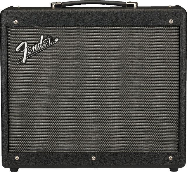 The image shows a classic Fender combo guitar amplifier with a black textured vinyl exterior, silver corner protectors, and a sturdy handle. The front features the distinctive Fender logo on the gray/silver speaker grille cloth. This portable amp combines the amplifier and speaker in one unit, known for its clean tones and iconic sound favored by musicians across genres.