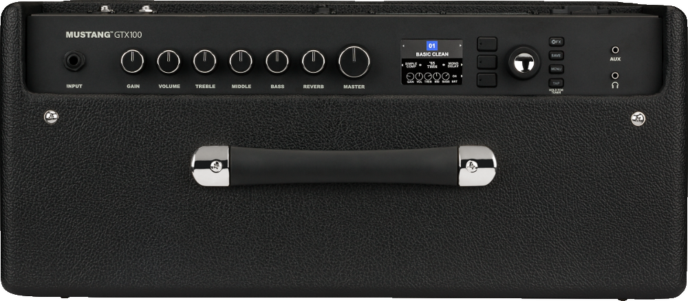 The image shows a Mustang GTX100 digital guitar amplifier with control knobs for Input, Gain, Volume, Treble, Middle, Bass, Reverb, and Master. It features a digital display, preset selection buttons, effects and modeling options, and an auxiliary input. The amp has black tolex covering with a sturdy handle. This 100-watt modeling amp simulates various classic amp sounds and built-in effects, suitable for practice and performance.