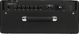 The image shows a Mustang GTX100 digital guitar amplifier with control knobs for Input, Gain, Volume, Treble, Middle, Bass, Reverb, and Master. It features a digital display, preset selection buttons, effects and modeling options, and an auxiliary input. The amp has black tolex covering with a sturdy handle. This 100-watt modeling amp simulates various classic amp sounds and built-in effects, suitable for practice and performance.