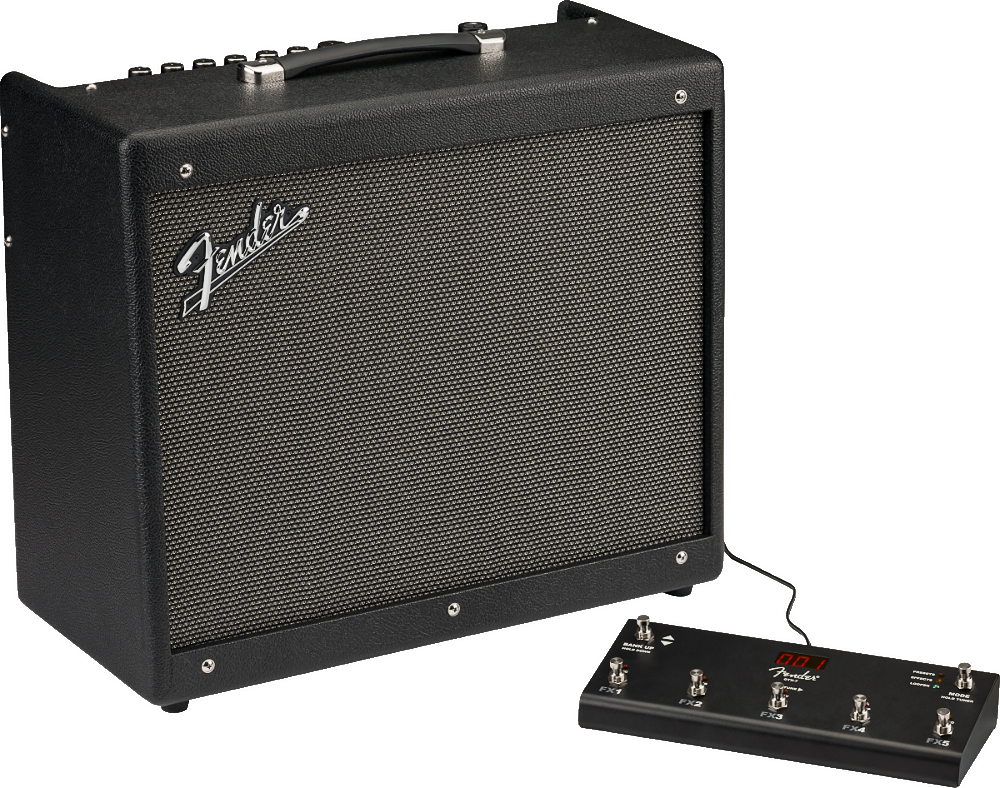The image shows a black Fender combo guitar amplifier with the Fender logo on the front grille and control knobs on top. Connected to it is a black footswitch with multiple buttons and red labeling, also displaying Fender branding. This setup allows guitarists to remotely control amp functions like channel switching and effects during performances. It represents classic Fender amplification equipment from a leading guitar brand.