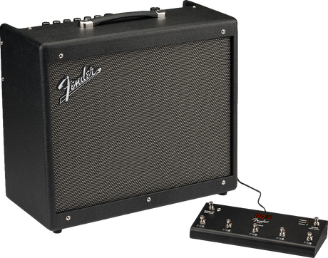 The image shows a black Fender combo guitar amplifier with the Fender logo on the front grille and control knobs on top. Connected to it is a black footswitch with multiple buttons and red labeling, also displaying Fender branding. This setup allows guitarists to remotely control amp functions like channel switching and effects during performances. It represents classic Fender amplification equipment from a leading guitar brand.
