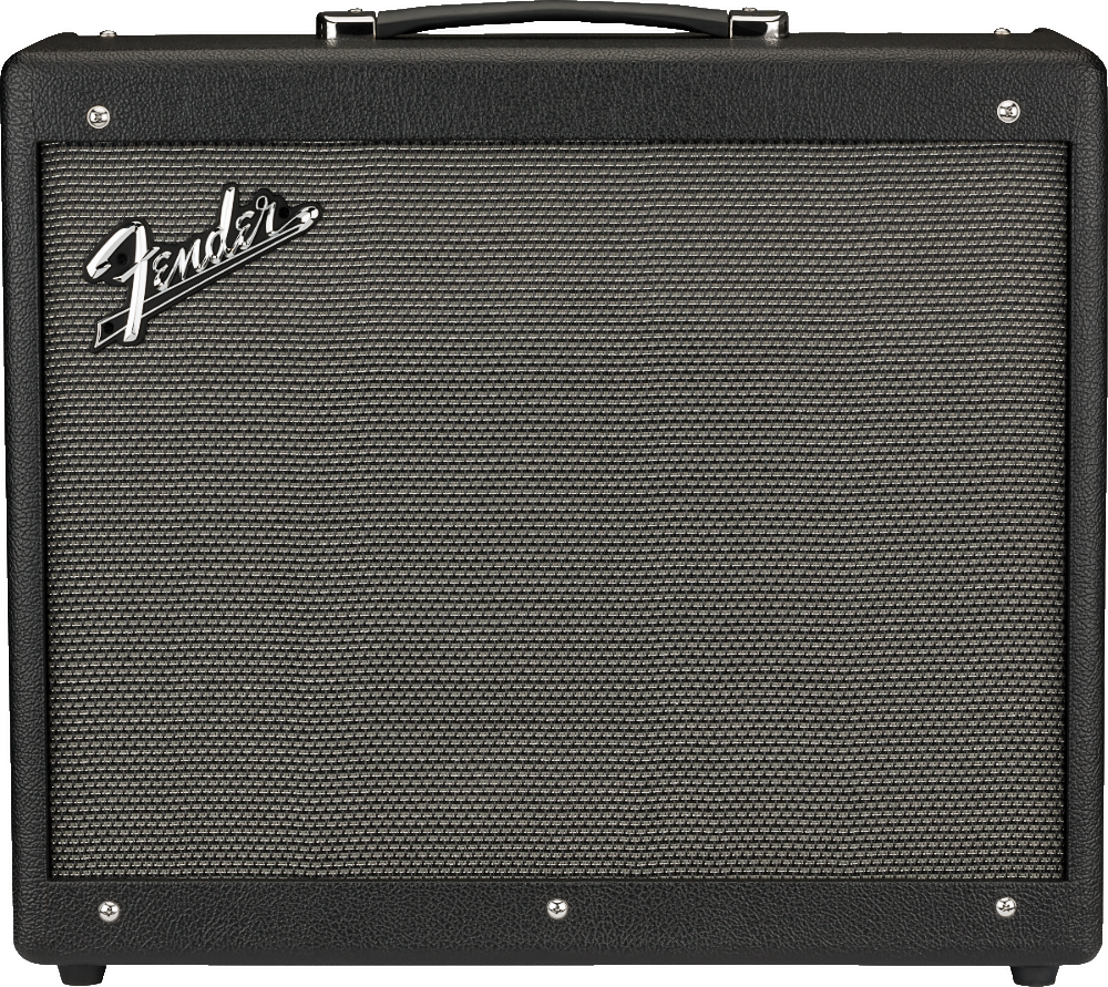 The image shows a classic black Fender combo guitar amplifier with the iconic white Fender logo on the front grille. It features a rectangular design, textured black exterior, black and silver woven grille cloth, a black carrying handle on top, and visible mounting screws. This amp combines amplifier and speaker in one unit, commonly used by guitarists, and represents Fender’s well-known quality and reputation in the industry.
