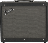 The image shows a classic black Fender combo guitar amplifier with the iconic white Fender logo on the front grille. It features a rectangular design, textured black exterior, black and silver woven grille cloth, a black carrying handle on top, and visible mounting screws. This amp combines amplifier and speaker in one unit, commonly used by guitarists, and represents Fender’s well-known quality and reputation in the industry.