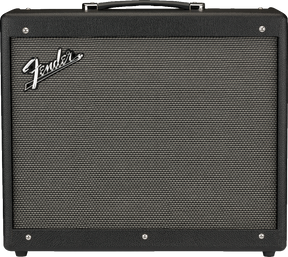 The image shows a classic black Fender combo guitar amplifier with the iconic white Fender logo on the front grille. It features a rectangular design, textured black exterior, black and silver woven grille cloth, a black carrying handle on top, and visible mounting screws. This amp combines amplifier and speaker in one unit, commonly used by guitarists, and represents Fender’s well-known quality and reputation in the industry.