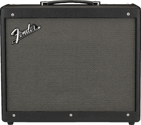 The image shows a classic black Fender combo guitar amplifier with the iconic white Fender logo on the front grille. It features a rectangular design, textured black exterior, black and silver woven grille cloth, a black carrying handle on top, and visible mounting screws. This amp combines amplifier and speaker in one unit, commonly used by guitarists, and represents Fender’s well-known quality and reputation in the industry.