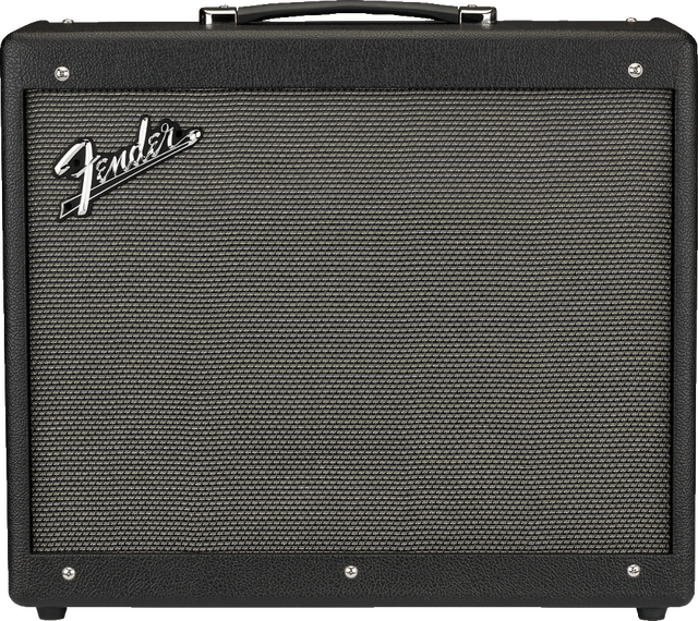 The image shows a classic black Fender combo guitar amplifier with the iconic white Fender logo on the front grille. It features a rectangular design, textured black exterior, black and silver woven grille cloth, a black carrying handle on top, and visible mounting screws. This amp combines amplifier and speaker in one unit, commonly used by guitarists, and represents Fender’s well-known quality and reputation in the industry.