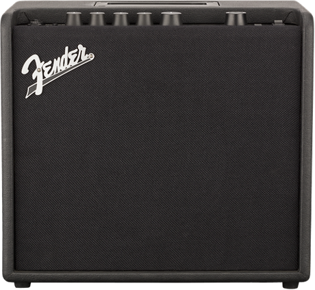 The image shows a Fender guitar amplifier, likely a compact practice or modeling amp. It features the distinctive Fender logo on the black front panel and several control knobs on the top for adjusting volume, tone, gain, and effects. This type of amp is commonly used for home practice, small gigs, or recording. Fender is a renowned brand known for both classic tube and modern digital amps.