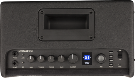 The image shows a Fender Mustang LT25 guitar amplifier, a compact 25-watt combo for electric guitars. Visible features include a control panel with knobs for Gain, Volume, Treble, Bass, and Master volume, a digital display reading "01," input jack, headphone output, USB port, preset navigation buttons, and a speaker in the recessed top area. The black textured amp offers built-in effects and amp modeling, ideal for practice and small venues.