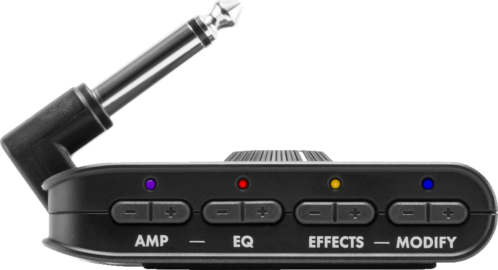 The image shows a compact black guitar effects pedal with a 1/4" angled cable input. It has four control sections labeled AMP, EQ, EFFECTS, and MODIFY, each with two adjustment buttons and color-coded LED indicators (purple, red, yellow, blue). Designed for easy integration, this portable multi-effects unit offers diverse tone shaping and amp simulations for live and recording use.