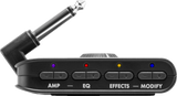 The image shows a compact black guitar effects pedal with a 1/4" angled cable input. It has four control sections labeled AMP, EQ, EFFECTS, and MODIFY, each with two adjustment buttons and color-coded LED indicators (purple, red, yellow, blue). Designed for easy integration, this portable multi-effects unit offers diverse tone shaping and amp simulations for live and recording use.