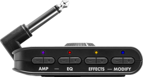 The image shows a compact black guitar effects pedal with a 1/4" angled cable input. It has four control sections labeled AMP, EQ, EFFECTS, and MODIFY, each with two adjustment buttons and color-coded LED indicators (purple, red, yellow, blue). Designed for easy integration, this portable multi-effects unit offers diverse tone shaping and amp simulations for live and recording use.