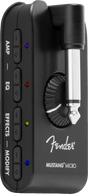 The image shows a Fender Mustang Micro, a compact black headphone guitar amplifier with control knobs labeled AMP, EQ, EFFECTS, and MODIFY, each with colored LED indicators. It features a guitar input jack on the right, a headphone output port, and the Fender logo. This portable device plugs directly into an electric guitar for silent practice with amp simulation and effects, ideal for quiet, on-the-go playing.