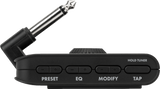The image shows a compact, black guitar effects pedal with a streamlined design. It features four button sections labeled "PRESET," "EQ," "MODIFY," and "TAP," each with + and - controls, plus a "HOLD TUNER" button. A right-angled 1/4" jack extends from the left side for guitar connection. This multi-effects unit combines effects processing, EQ, presets, tap tempo, and a built-in tuner, ideal for guitarists’ practice and performance.