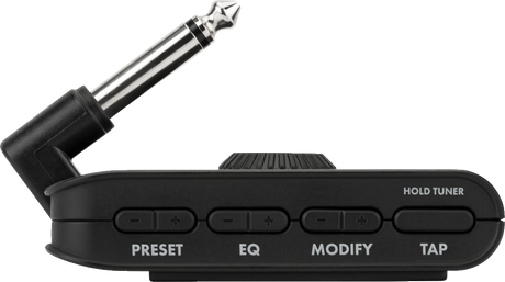 The image shows a compact, black guitar effects pedal with a streamlined design. It features four button sections labeled "PRESET," "EQ," "MODIFY," and "TAP," each with + and - controls, plus a "HOLD TUNER" button. A right-angled 1/4" jack extends from the left side for guitar connection. This multi-effects unit combines effects processing, EQ, presets, tap tempo, and a built-in tuner, ideal for guitarists’ practice and performance.