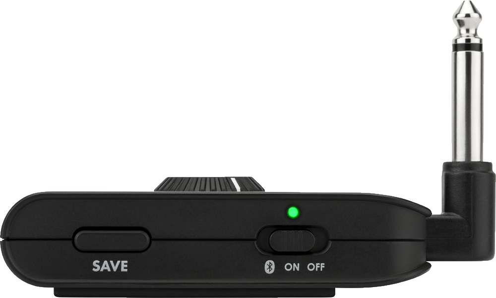 The image shows a compact black wireless audio transmitter for musical instruments. It features a 1/4" instrument jack, "SAVE" and "ON/OFF" buttons with a Bluetooth symbol, a green LED power indicator, and a clip for attaching to clothing or straps. The device enables cable-free play by transmitting audio wirelessly, offering musicians freedom of movement and reducing stage hazards.