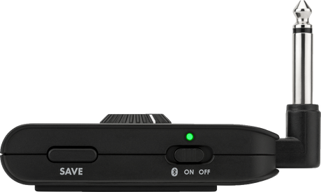 The image shows a compact black wireless audio transmitter for musical instruments. It features a 1/4" instrument jack, "SAVE" and "ON/OFF" buttons with a Bluetooth symbol, a green LED power indicator, and a clip for attaching to clothing or straps. The device enables cable-free play by transmitting audio wirelessly, offering musicians freedom of movement and reducing stage hazards.